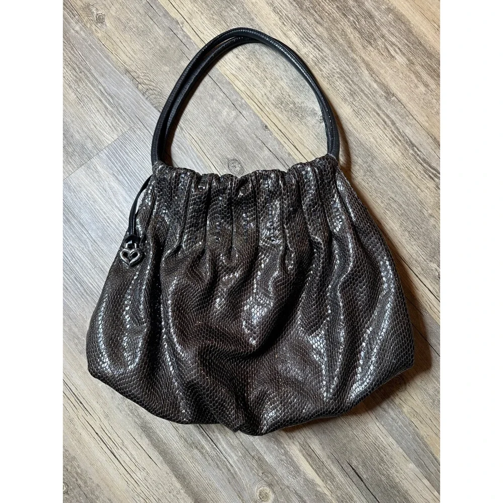 Brighton Breelan Python Snake Embossed Leather Handbag Purse Hobo Brown Grey